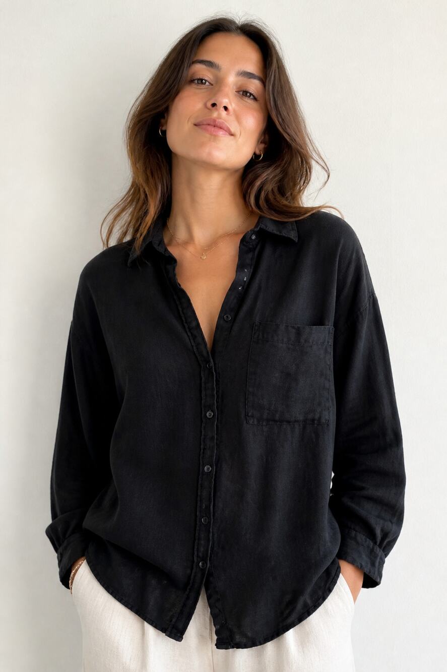 ZARA Black Button Down Shirt Medium Linen Blend